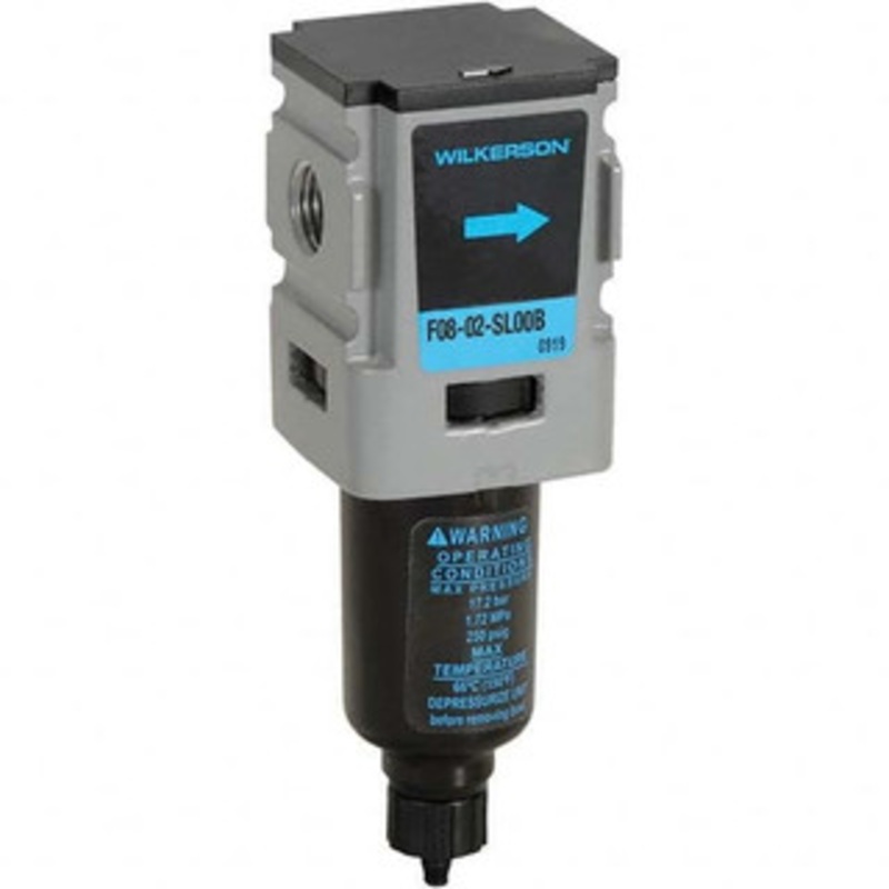 Wilkerson Filters, Port Size (NPT): 1/4, Height (Inch): 4-7/8, Width (Inch): 1-1/2, Bowl Material: Aluminum, Drain Type: Manual, Standard Cubic Feet Per Minute: 42 F08-02-SL00B – 11756020