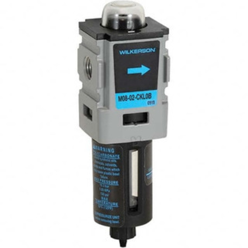 Wilkerson Coalescing Filters, Port Size: 1/4, Maximum Working Pressure (psi): 150, Bowl Material: Polycarbonate, Width (Decimal Inch): 1.5800, Height (Inch): 4-3/4, Height (Decimal Inch): 4.710 M08-02-BK00B – 11758513