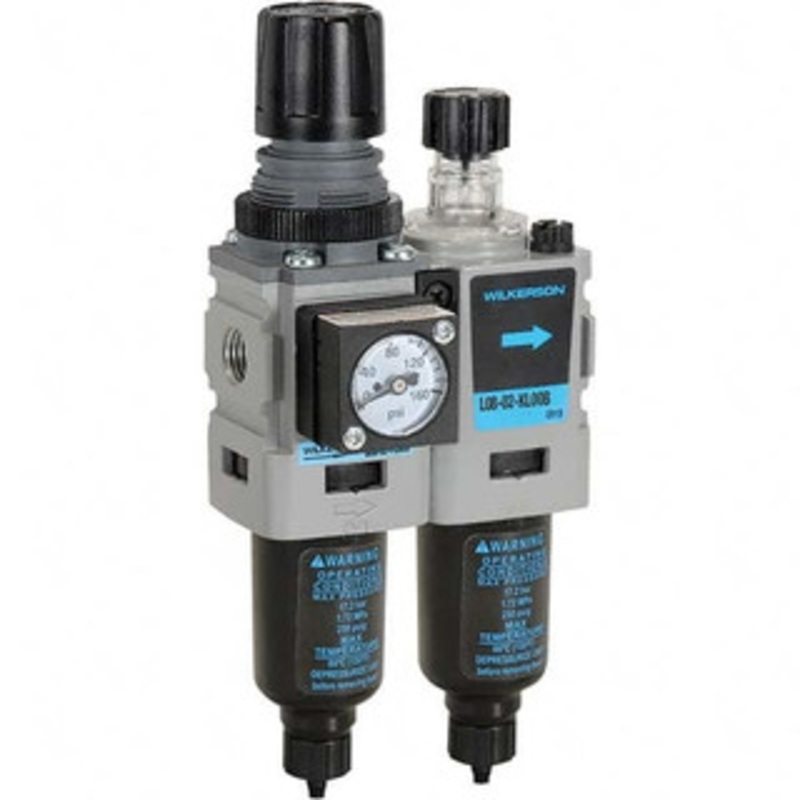 Wilkerson 1/4 NPT Miniature 2 Pc Filter/Regulator-Lubricator FRL Unit with Pressure Gauge 28 SCFM, 250 Max psi, Aluminum Bowl, Manual Drain Drain D08-02-FLG0B – 11759966