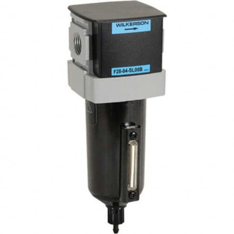 Wilkerson Filters, Port Size (NPT): 3/8, Height (Inch): 8-3/8, Width (Inch): 2-7/8, Bowl Material: Aluminum, Drain Type: Manual, Standard Cubic Feet Per Minute: 115 F28-03-SL00B – 11755857