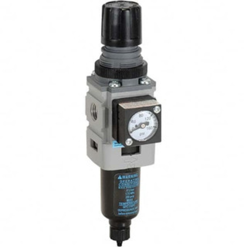Wilkerson 1/4 NPT Miniature 1 Pc Filter/Regulator FRL Unit with Pressure Gauge 73 SCFM, 250 Max psi, Aluminum Bowl, Manual Drain Drain B08-02-FLG0B – 11760014