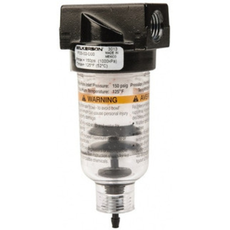 Wilkerson 1/4 Port, 4.26 High x 1.69 Wide, Miniature FRL Filter with Polycarbonate Bowl & Piston Drain 24 SCFM, 150 Max psi, 125F Max F03-02-D00 – 86372018