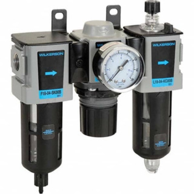 Wilkerson 3/8 NPT Compact 3 Pc Filter-Regulator-Lubricator FRL Unit with Pressure Gauge 68 SCFM, 150 Max psi, Polycarbonate Bowl, Manual Drain Drain C18-03-FKG0B – 11760360