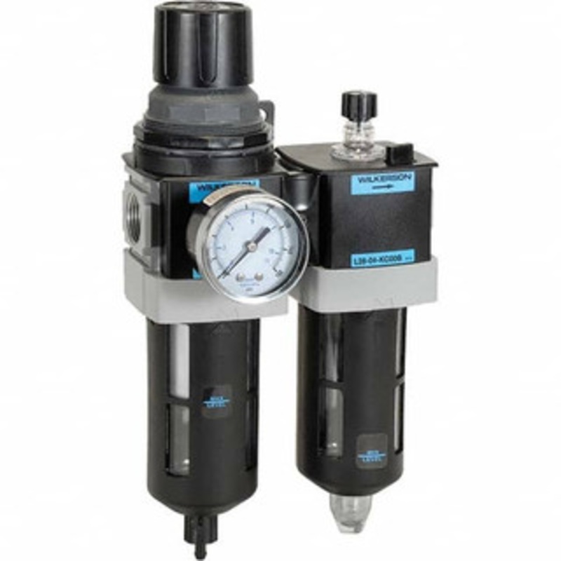 Wilkerson 3/8 NPT Standard 2 Pc Filter/Regulator-Lubricator FRL Unit with Pressure Gauge 110 SCFM, 150 Max psi, Polycarbonate Bowl, Manual Drain Drain D28-03-FKG0B – 11760048