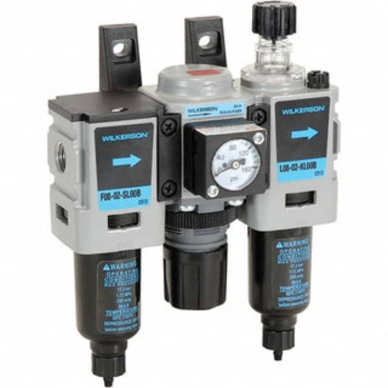 Wilkerson 1/4 NPT Miniature 3 Pc Filter-Regulator-Lubricator FRL Unit with Pressure Gauge 27 SCFM, 250 Max psi, Aluminum Bowl, Manual Drain Drain C08-02-FLG0B – 11760139