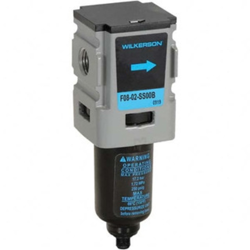 Wilkerson Filters, Port Size (NPT): 1/4, Height (Inch): 4-7/8, Width (Inch): 1-1/2, Bowl Material: Aluminum, Drain Type: Auto, Standard Cubic Feet Per Minute: 42 F08-02-SS00B – 11756012