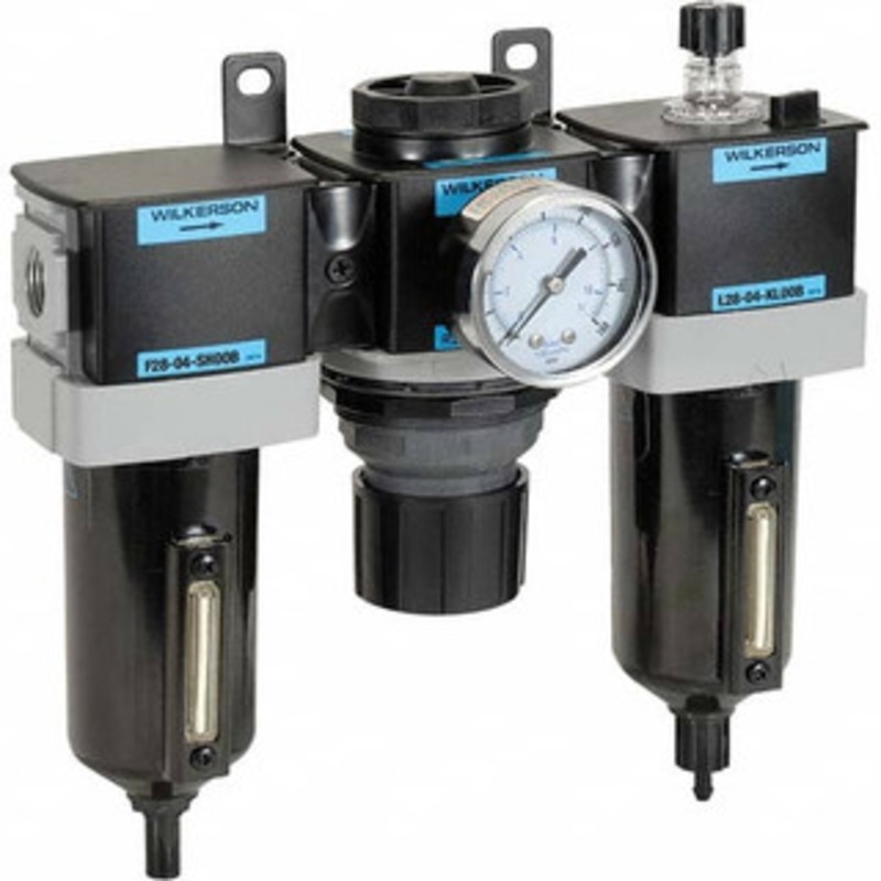 Wilkerson 3/8 NPT Standard 3 Pc Filter-Regulator-Lubricator FRL Unit with Pressure Gauge 90 SCFM, 150 Max psi, Polycarbonate Bowl, Manual Drain Drain C28-03-FKG0B – 11760352