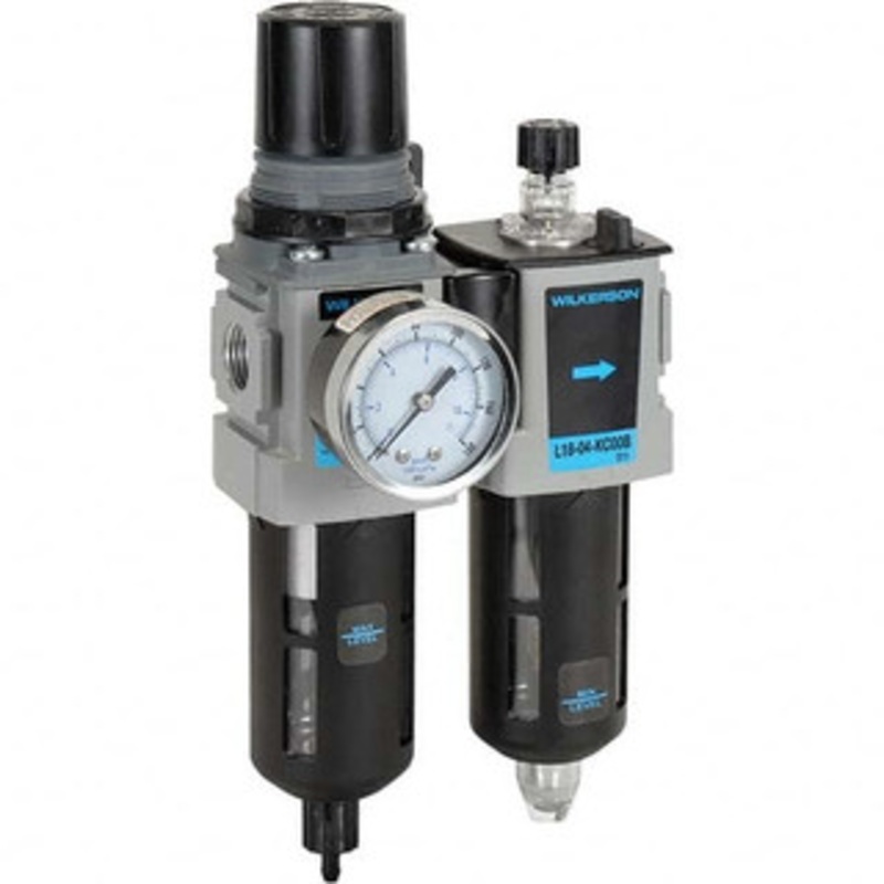 Wilkerson 3/8 NPT Compact 2 Pc Filter/Regulator-Lubricator FRL Unit with Pressure Gauge 70 SCFM, 150 Max psi, Polycarbonate Bowl, Manual Drain Drain D18-03-FKG0B – 11760063